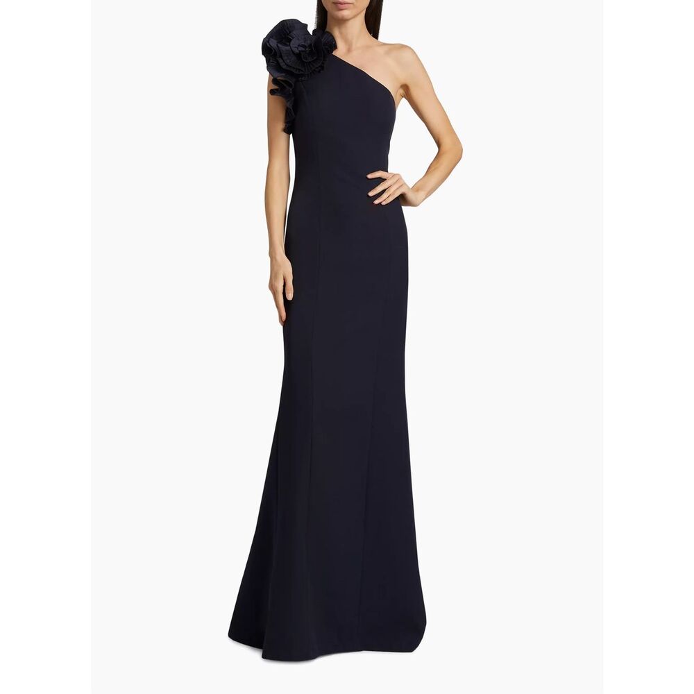 Teri Jon by Rickie Freeman Embellished Crepe One-Shoulder Column Gown US12 $870